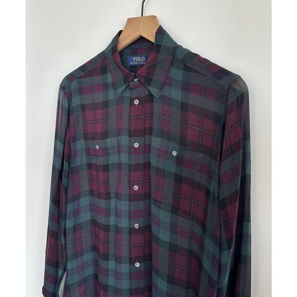 NWT Polo Ralph Lauren Silk Sheer Purple Green Plaid Shirt Blouse Size M - Picture 6 of 10